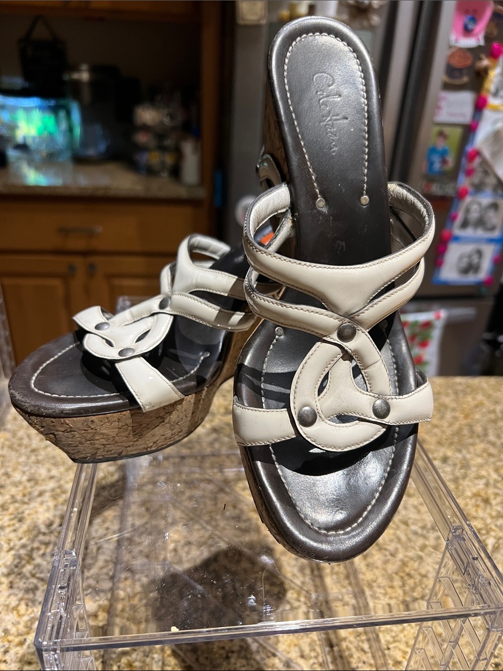 Cole Haan Cream and Black Cork Wedge Sandals with Stud Accents